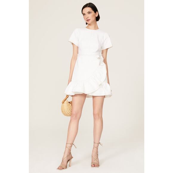 CINQ A SEPT White Cotton Crewneck Denim Wrap Mini Ruffle Josi Dress Size 2 - Picture 1 of 13